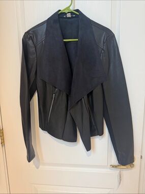 Bar III Black Faux Leather Draped Shawl Collar Jacket